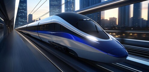 Fototapeta premium A high-speed train traveling through a city on an elevated bridge, showcasing modern transportation in an urban environment, with the train soaring above the ground amidst city skyscrapers.
