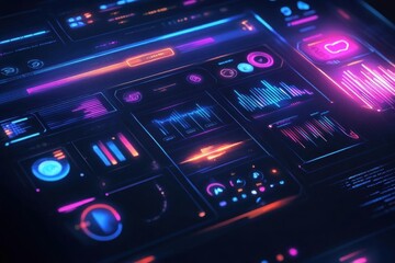 Obraz premium Futuristic digital interface with vibrant graphs and data visualizations.