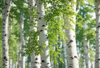 Fototapeta premium Vibrant green leaves on a white birch tree in spring, growth, foliage, seasonal, birch, green