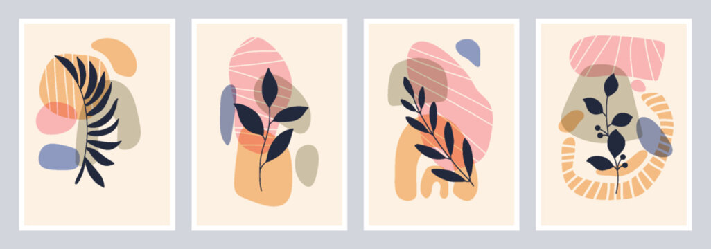 Wall Art Cards With Colorful Organic Shapes and Floral Silhouettes of Branches with Leaves. Trendy poster collection perfect for print, home decor, covers, wallpaper