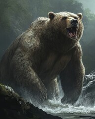 Obraz premium A roaring bear stands in a river, showcasing its power and majesty.