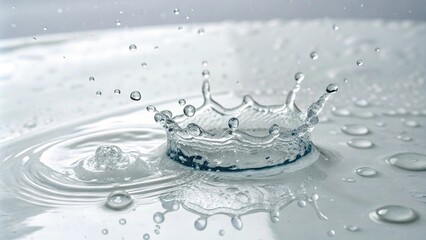 Water droplets splashing on a white surface, still life, reflections, serene, water dynamics