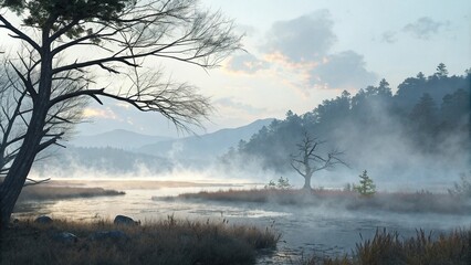 Fototapeta premium Watercolor scene with misty atmosphere and wisps of smoke floating gently, atmosphere, wispy, gentle, serene, float