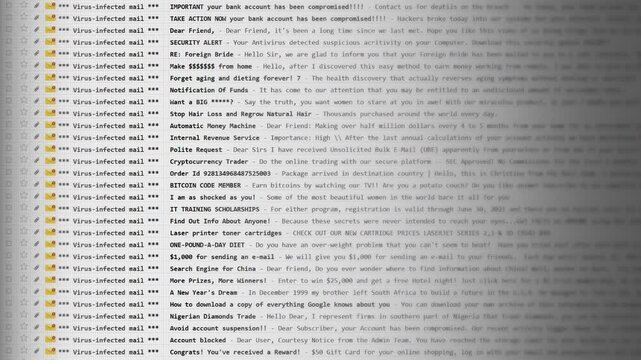 Computer screen displaying suspicious email inbox filled with virus-infected messages. Red warning icons and subject lines reveal potential scam attempts, malware alerts, and phishing schemes.
