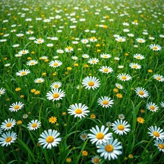 Fototapeta premium White daisies in a sea of green grass with a few yellow wildflowers scattered throughout, , landscape, wildflowers