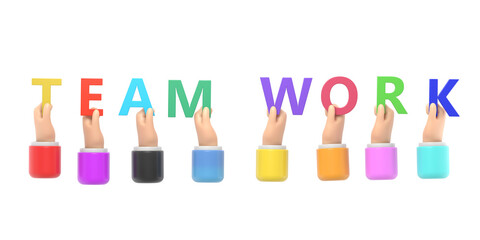 Transparent Backgrounds Mock-up.Hands hold the letters with the word teamwork.3D illustration in hand drawn flat style.Supports PNG files with transparent backgrounds.