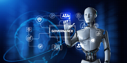 Governance Establishing Frameworks for Decision-Making Illustrated with a Robot Pressing a Button on a Virtual Screen. 3D render.