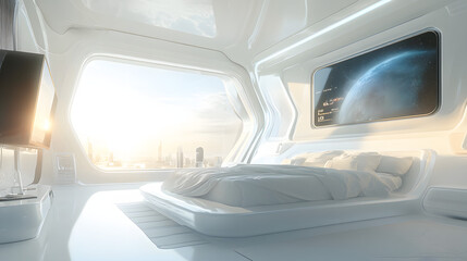 Futuristic bedroom with sleek design and city view bathed in natural light