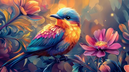 Fototapeta premium Groovy cartoon bird with vibrant plumage perched among colorful flowers in a whimsical environment