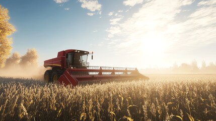 Obraz premium Golden Hour Grain Harvesting with Combine