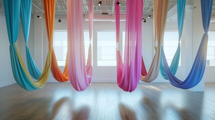 An airy studio space where practitioners engage in aerial hammock yoga, suspended gracefully in colorful fabric hammocks
