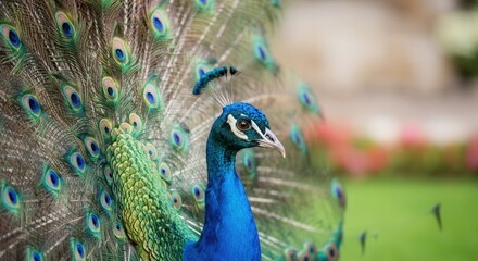 Fototapeta premium Vibrant peacock display showcasing natural beauty and colorful plumage in garden setting