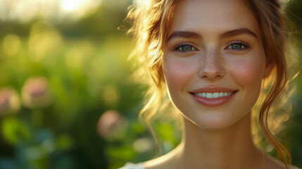 Fototapeta premium A joyful young woman with sparkling eyes stands amidst blooming flowers, enjoying the warm light of the golden hour in a vibrant garden