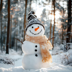 Fototapeta premium Winter forest and Snowman. Holidays, Christmas.