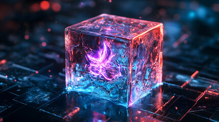 Colorful ice cube with glowing patterns in a dark, futuristic setting highlights the beauty of art and design in digital creations