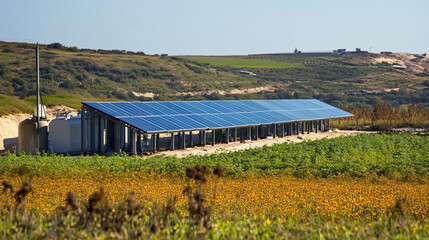 Obraz premium A solar-powered desalination plant converting seawater into fresh water using solar energy to provide sustainable water solutions for coastal communities.