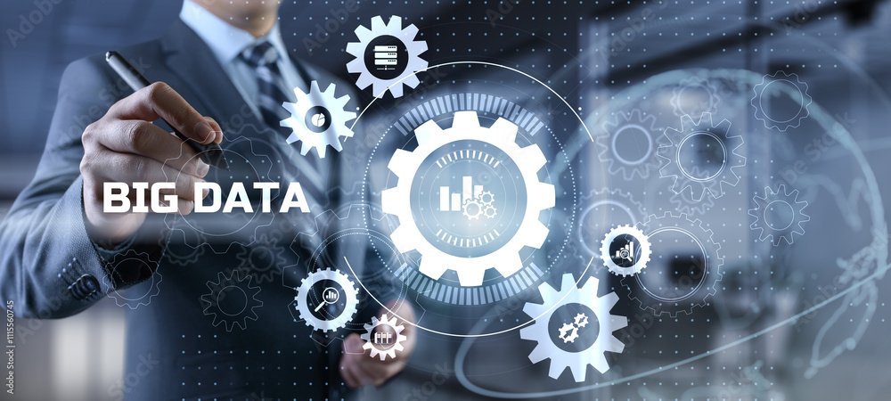 Wall mural big data analysis analytics internet technology concept. businessman pressing button on screen.