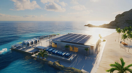 A solar-powered desalination plant converting seawater into fresh water using solar energy to provide sustainable water solutions for coastal communities.