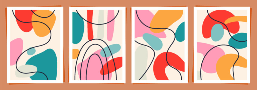 Trendy Wall Art Cards With Colorful Hand Drawn Organic and Modern Abstract Shapes. Trendy poster collection perfect for print, home decor, covers, wallpaper