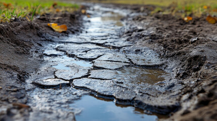 Fototapeta premium A muddy path shows deep cracks in the dry earth with small puddles reflecting the surrounding greenery on a cool autumn day