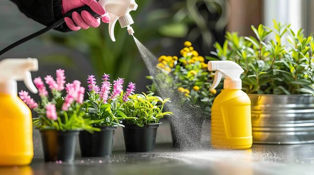 Cleaner sanitizing office desk with sprays and wipes in contemporary workspace setting