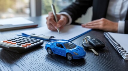 A desk scene with a blue toy car, keys, calculator, and documents, suggesting automotive business.