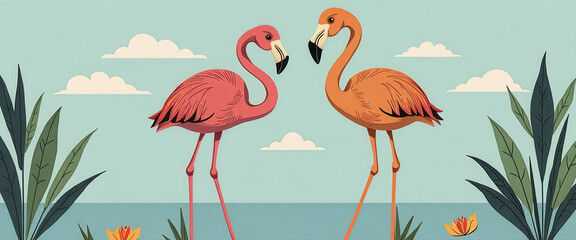 Obraz premium Two flamingos are standing in front of a bunch of lemons and green leaves. The image has a tropical vibe and is meant to evoke a sense of relaxation and leisure