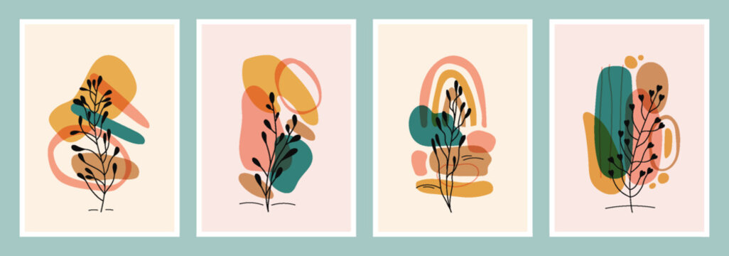 Wall Art Cards With Colorful Organic Shapes and Floral Silhouettes. Trendy poster collection perfect for print, home decor, covers, wallpaper