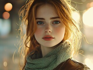 Young woman with freckles and flowing hair captured during golden hour lighting