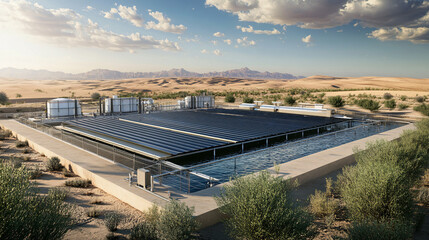 A solar-powered desalination plant in an arid region, where solar energy powers the filtration process to convert seawater into drinkable fresh water.