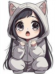 Cute cat anime character in gray hoodie with oversized ears expresses joy and excitement