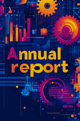 Obraz premium Colorful annual report layout showcasing gears, charts, and vibrant data elements for an engaging presentation of information