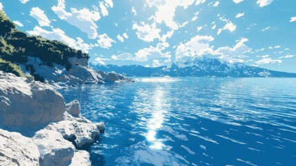 Rocky Coastline with Snowy Mountains and Blue Water