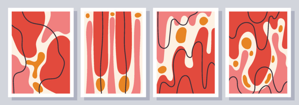 Wall Art Cards with Colorful Hand Drawn Organic and Modern Abstract Shapes. Trendy poster collection perfect for print, home decor, covers, wallpaper