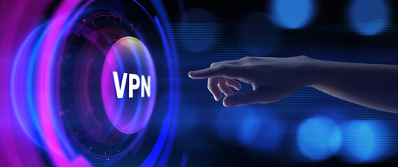 VPN Virtual private network internet security concept. Hands pressing button virtual screen.