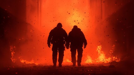 Fototapeta premium Two silhouetted figures walk towards a fiery blaze, surrounded by an intense, glowing orange-red background, evoking a sense of danger and adventure.