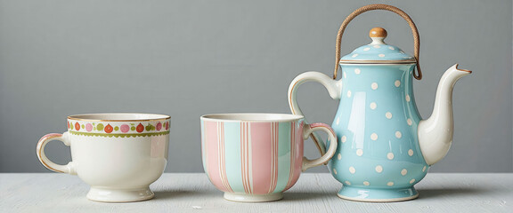 A teapot, a cup are arranged on a table. The teapot is blue and white with a polka dot design. The cup is pink and white with a striped design