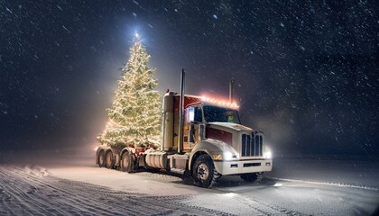 Merry Christmas Big Rick Trailer Truck With Fir Tree Riding in Snowfall at Night