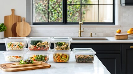 A clean and organized kitchen with a countertop full of healthy meal prep containers, each filled with balanced plant-based meals 