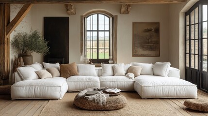 Rustic Living Room with Large White Sectional Sofa