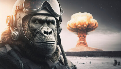 a gorilla that is a fighter pilot. a nuclear bomb exploding in the background.