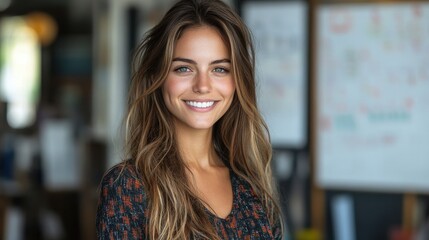 Fototapeta premium A young woman with long hair smiles warmly, exuding confidence in a relaxed indoor environment filled with vibrant decor and natural light