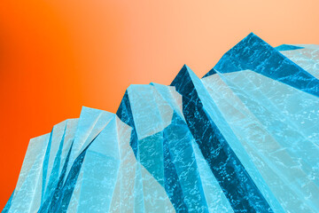 Obraz premium Colorful negative photograph of a bizarre concrete façade with reversed colors. Orange sky and cyan-turquoise surfaces. Geometric forms of reduced architecture. Inverted graphic illusion.