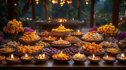 Fototapeta premium Festive sweets and diyas arranged on a table.