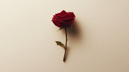 Minimalist Red Rose Delicately Placed on a Light Beige Background, Symbolizing Love and Romance