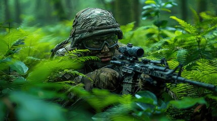 Camouflaged soldier aiming rifle in dense jungle foliage.