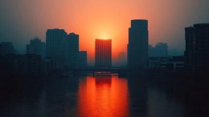 Fototapeta premium A serene sunset glows behind city skyscrapers, reflecting vibrant colors on the water's surface, creating a tranquil urban landscape.