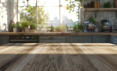 Fototapeta premium Empty light wood table top with a blurred kitchen interior background for product display montage
