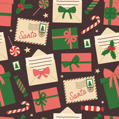 Santa Claus mail seamless pattern on brown background. Christmas envelopes, letters, postage stamps, gift boxes and sweets. Holiday delivery. Vector flat illustration for wallpaper, textile, packaging