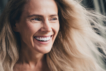 No filter close up studio photo of shiny feminine woman enjoying wind blowing isolated khaki linen...